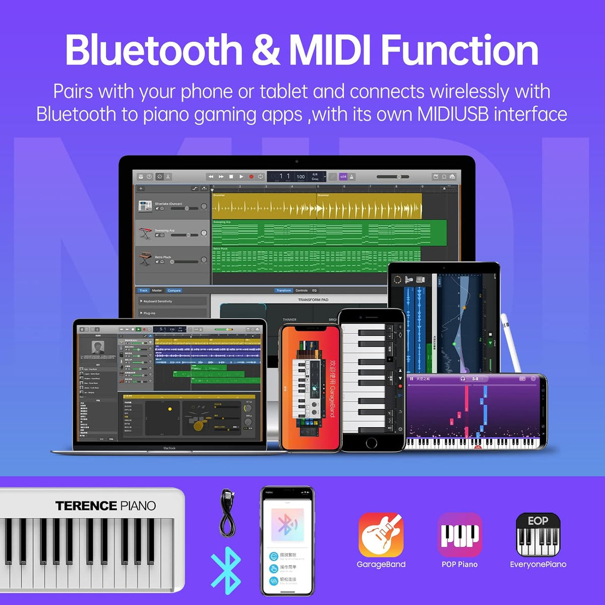 Opvouwbare digitale piano 88 toetsen – Keyboard – E-piano – Digitaal pianotoetsenbord – Elektrische piano – Semi-gewogen aanslaggevoelige toetsen – 1800 mAh accu tot 8 uur speeltijd