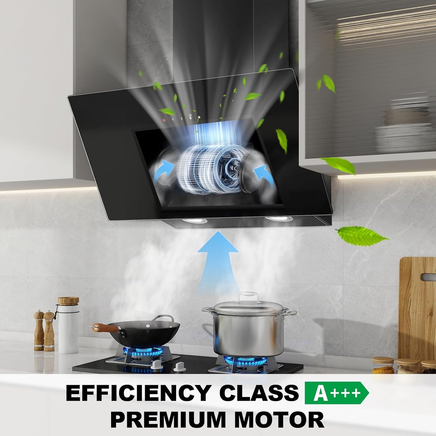 Afzuigkap 60 cm Zwart Glas – Schuine Afzuigkap – Wandafzuigkap – Schouwkap – Kopvrije Afzuigkap – 400 m³/h Afzuigvermogen – A+++ Energieklasse