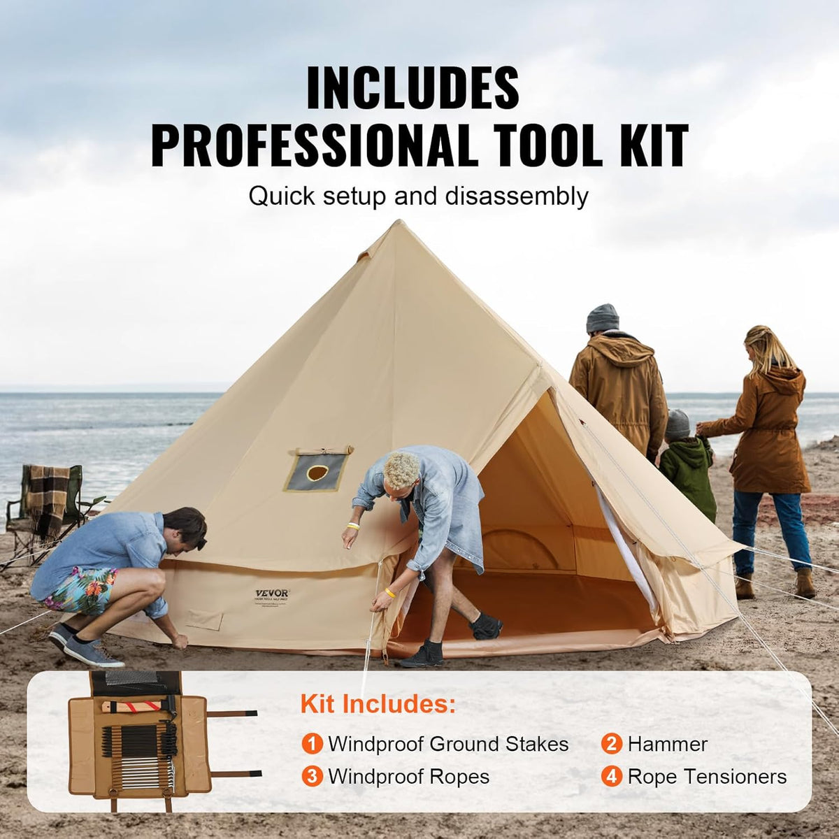 VEVOR Canvas Bell Tent 3-7 m Yurt Tent 4 Seizoenen Familie Camping Tent met Houtkachelgat, Opbergzakken voor Glamping tot 4-12 Personen