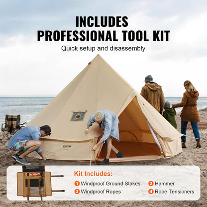 VEVOR Canvas Bell Tent 3-7 m Yurt Tent 4 Seizoenen Familie Camping Tent met Houtkachelgat, Opbergzakken voor Glamping tot 4-12 Personen
