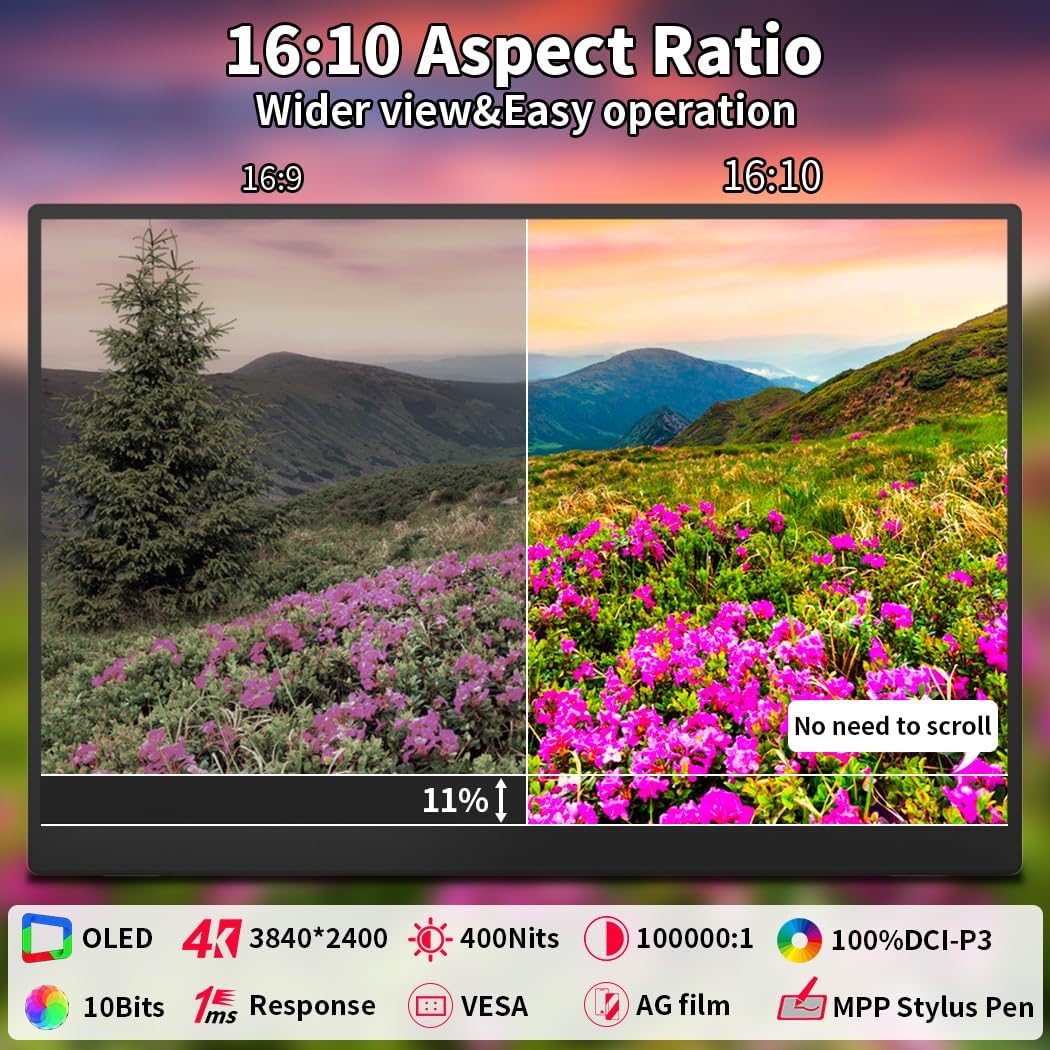 Portable 16 Inch OLED Touch Screen Monitor 3840 x 2400 100% P3 MPP Stylus 1MS Eye Care for Laptop Mac NUC Mini PC VESA & Integrated Stand - QUORE