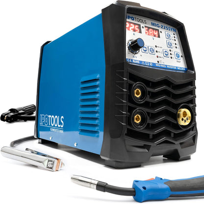 IPOTOOLS MIG-225SYN Inverter lasapparaat MIG MAG - beschermingsgas lasapparaat met 225 ampère, synergic-functie, vuldraad en elektroden, E-hand, digitaal display, IGBT, 230 V