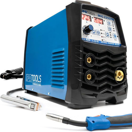 IPOTOOLS MIG-225SYN Inverter lasapparaat MIG MAG - beschermingsgas lasapparaat met 225 ampère, synergic-functie, vuldraad en elektroden, E-hand, digitaal display, IGBT, 230 V