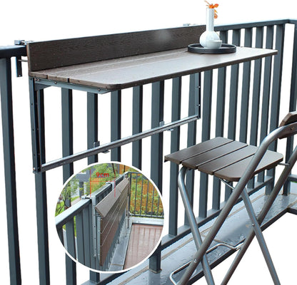 Balkontafel om op te hangen, klaptafel, metaal, in hoogte verstelbaar, aluminium, inklapbaar, wandtafel, leuning, terras, voor buiten, tuin, kantoor, patio (bruin, 80 x 37 cm) - QUORE