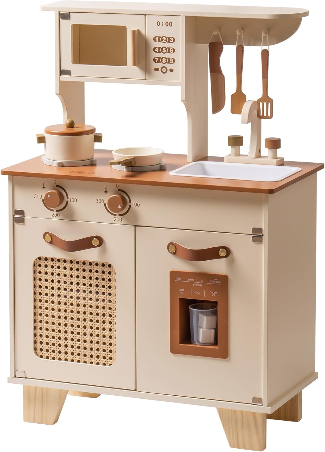 ROBOTIME Houten speelkeuken voor kinderen, realistische speelgoedkeuken met nep-ijsdispenser en rotan mesh-element, fantasiespel kookset voor peuters, cadeau voor jongens en meisjes vanaf 3 jaar