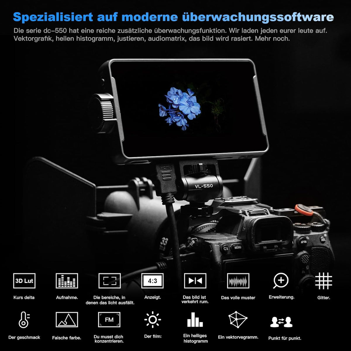 VILTROX DC-550 Camera Field Monitor 1200Nit 5,5 inch 4K HDMI Camera Monitor met accu, Full HD 1920x1080 IPS, 5,5 inch 3D LUT met zonnekap, opbergtas voor Sony Canon Nikon DSLR camera's