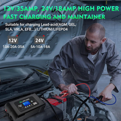 SolaMr 35A Autoacculader, 12V en 24V Intelligente Volautomatische Accutester met Pulsherconditionering voor Vrachtwagens, Motoren, Lithium- en Loodzuuraccu's voor de Scheepvaart - P35