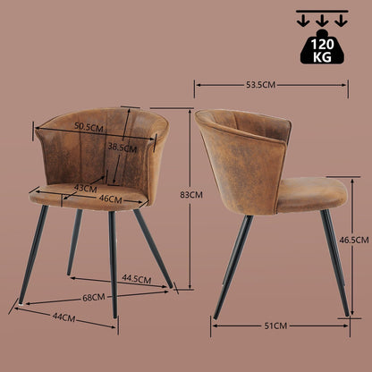 MEUBLE COSY Eetkamerstoelen, set van 4 keukenstoelen, retro, gestoffeerd, met armleuning, vintage kunstsuède zitting, metalen poten, bruin, 55x58x75,5cm