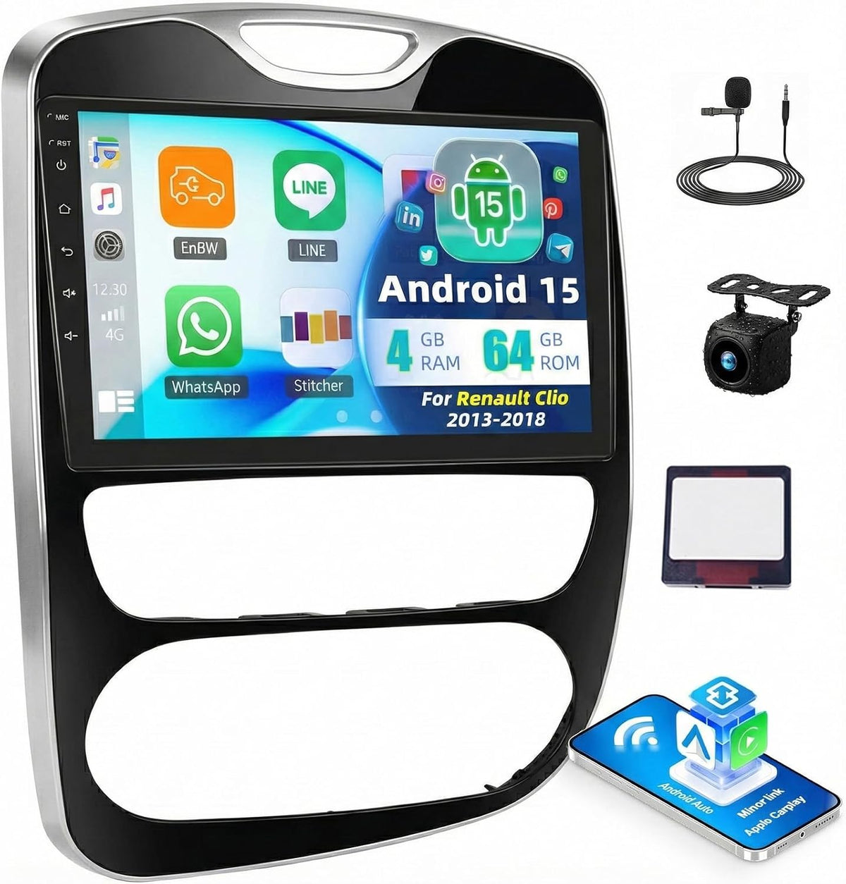 Android 15 4+64G Autoradio Bluetooth für Renault Clio 2013-2018, 10 Zoll HD Touchscreen Auto Radio mit Wireless Carplay Android Auto, WiFi GPS FM/RDS SWC Rückfahrkamera & MIC