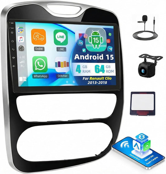 Android 15 4+64G Autoradio Bluetooth für Renault Clio 2013-2018, 10 Zoll HD Touchscreen Auto Radio mit Wireless Carplay Android Auto, WiFi GPS FM/RDS SWC Rückfahrkamera & MIC
