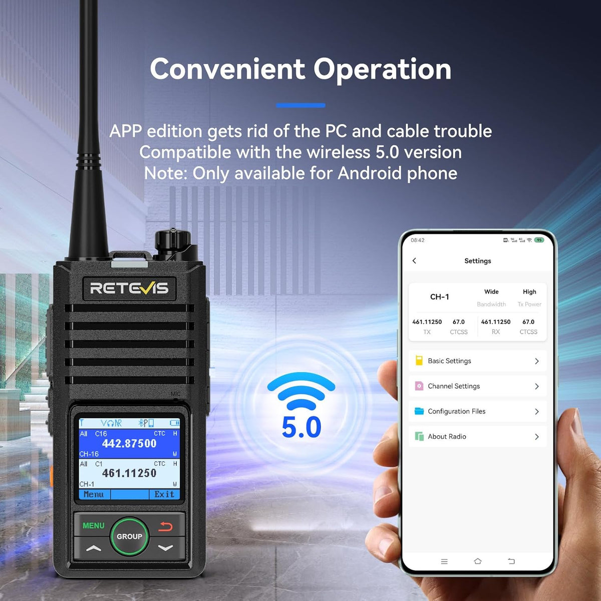 Retevis RB658 Walkie Talkie Bluetooth, APP-instelling, Groepsgesprek, 1800 mAh, USB C, IP54, Draadloze Kloon, Walkie Talkie met draadloze oortelefoon voor de detailhandel (4 Pack, Zwart)