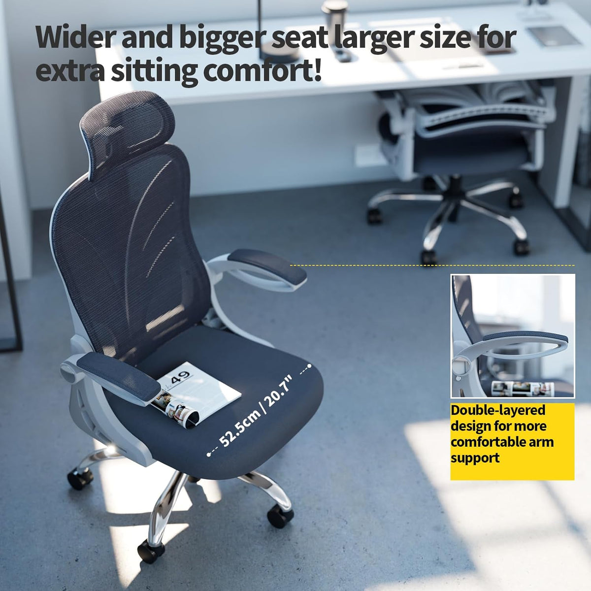 HOLLUDLE Ergonomische Bureaustoel met Opklapbare Rugleuning, Computer Bureaustoel met Opklapbare Armleuningen, Mesh Lendensteun en 2D Hoofdsteun Grote en Lange Bureaustoel, Wit