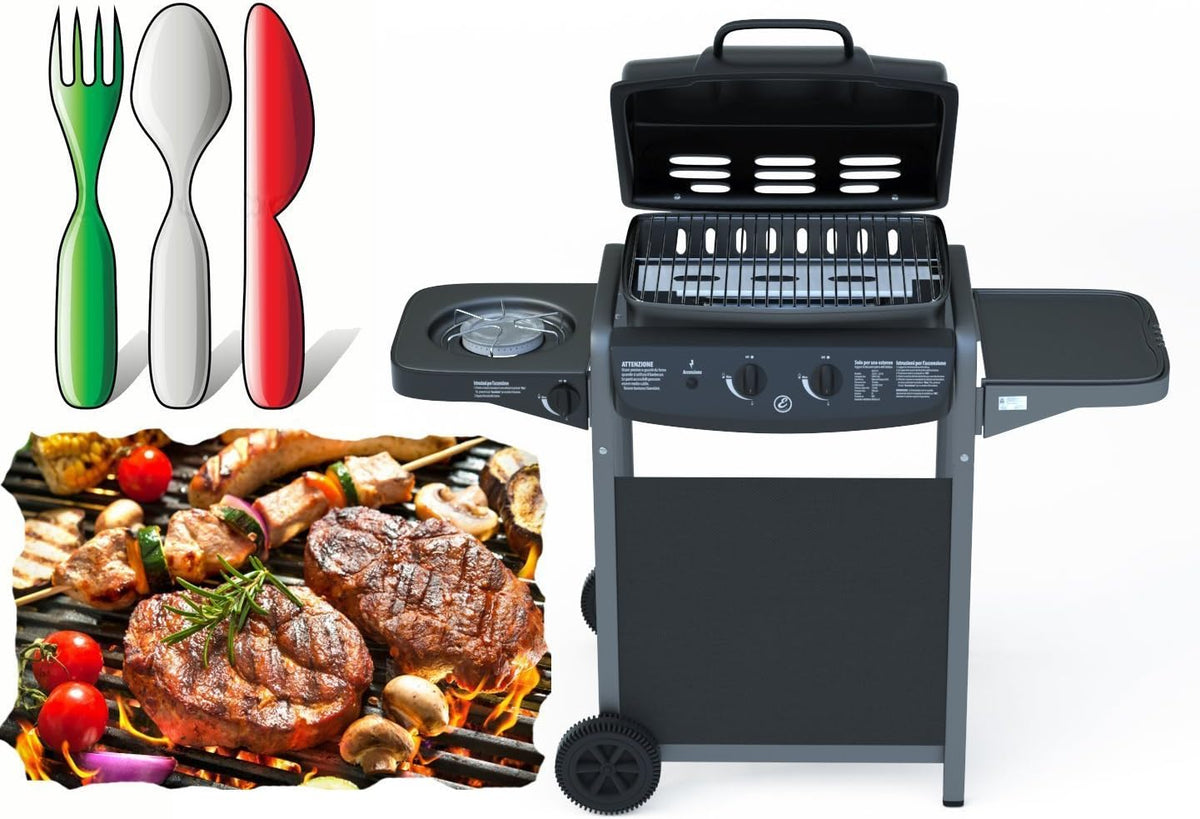 BBQ gasbarbecue met thermometer, zijbrander, voor tuin, picnic en terrazzo - staal zwart gelakt en ABS - (112 x 52,5 x 96.5 cm)