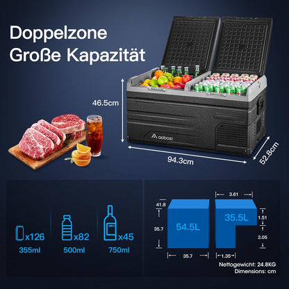 AAOBOSI Compressor-koelbox, 90 liter, autokoelbox met twee zones en app wifi, 12/24 V DC en 100-240 V AC, voor auto, vrachtwagen, boot, camper, camping