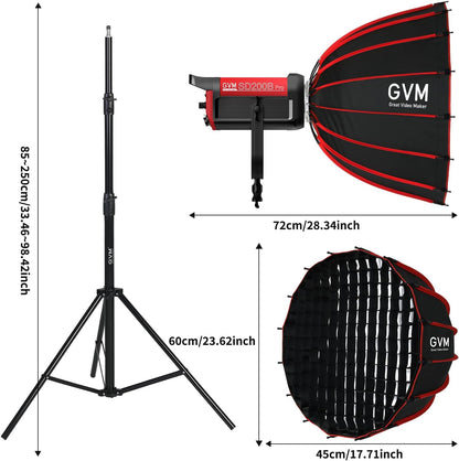 GVM Led-videolamp met softbox, 200 W, Bowens continu licht, 2700K-6800K COB studiolicht, videolicht voor video, YouTube, fotolicht, filmstudioset, 45400lux/1m, CRI97+ DMX/APP-besturing