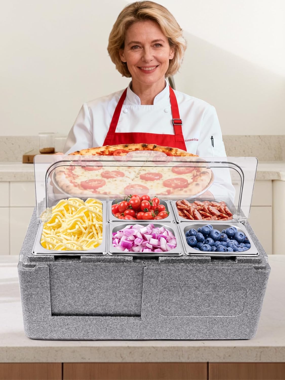 Pizza Topping Station – Buffetstation – Saladebar – Buffetbak – Toppingset – 7 Pannen Inclusief Lepels, Clips En Deksels – Geïsoleerd Met IJsdozen