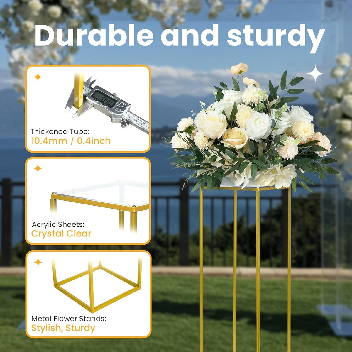 Gouden Bloemenstandaard – Bloemhouder, Vaasstandaard, Tafelstuk, Bruiloft Decoratie – Set Van 10, 60 Cm, Rechthoekig – Stabiele Metalen Constructie – Inclusief Heldere Acryl Borden