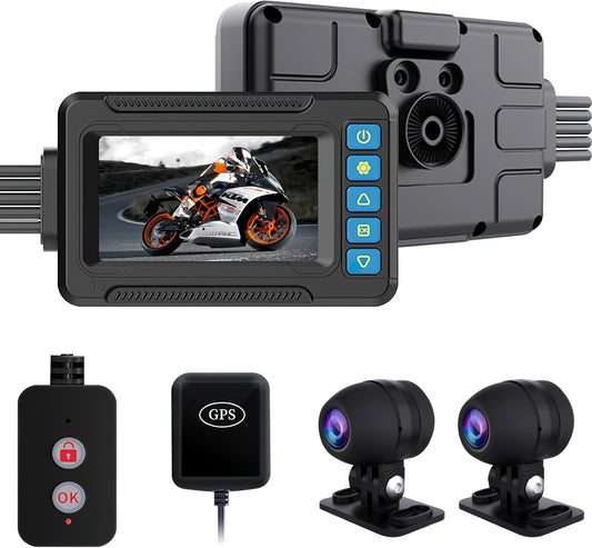 OBEST Dubbele camerasysteem voor motorfiets, 3-inch scherm met lcd-display, 1080P, kan via mobiele telefoon, interne lusopname en GPS-systeem worden verbonden