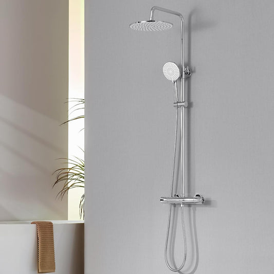 Roestvrijstalen Douchesysteem – Thermostaatkraan – Regendouche – Handdouche – Douchestang – Chroomkleur Rond – 25x25 cm Regendouche – 3 Straalsoorten Handdouche