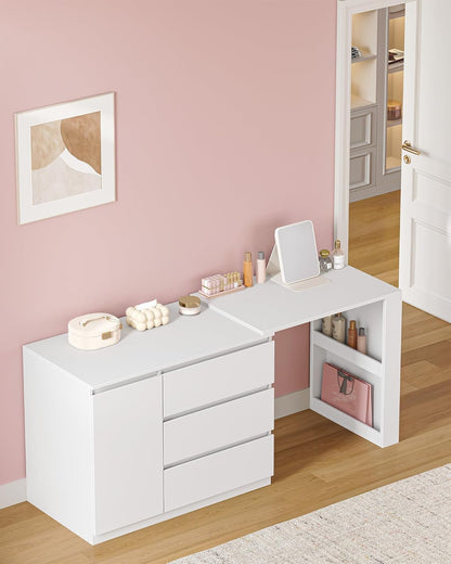 Hzuaneri Dressing Table with Drawers, L-Shaped Corner Dressing Table, Dressing Table with 1 Storage Cabinet and 2 Open Storage Shelves, Bedroom, Living Room, Modern, White DT42803XEU