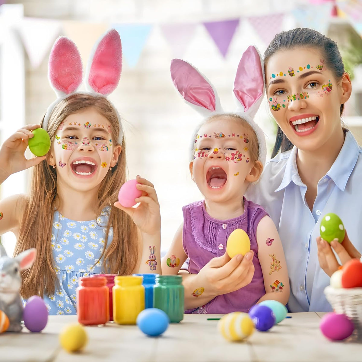 12 vellen paastoeages gezicht paascadeaus kinderen tatoeages paashaas glitter gezichtstattoos paaseieren face art sticker tattoo lente kleeftatoeages lichaam gezicht paasdecoratie