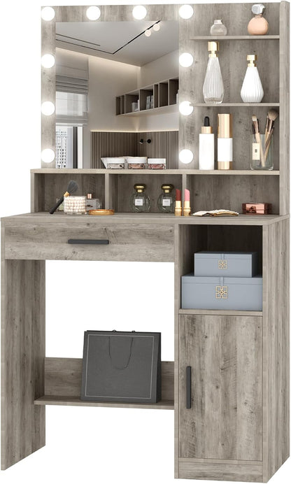 Hzuaneri Dressing Table with Mirror and 10 Led Lighting,with 3 Shelves & 4 Open Compartments, Dressing Table with Large Drawer & Cabinet, 3 Adjustable Luminosity, GreigeVT08105X