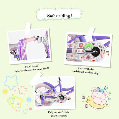 RULLY Daisy Kinderfiets voor meisjes van 3, 4, 5 jaar, met steunwielen en mand, paars
