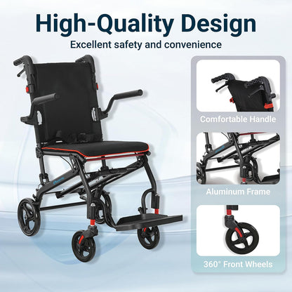 Rolstoel, opvouwbaar, licht, aluminium, inklapbaar, transport, rolstoelen, smalle rolstoel, ergonomisch design, compact voor reizen en woning, belastbaarheid 100 kg (Zwart)