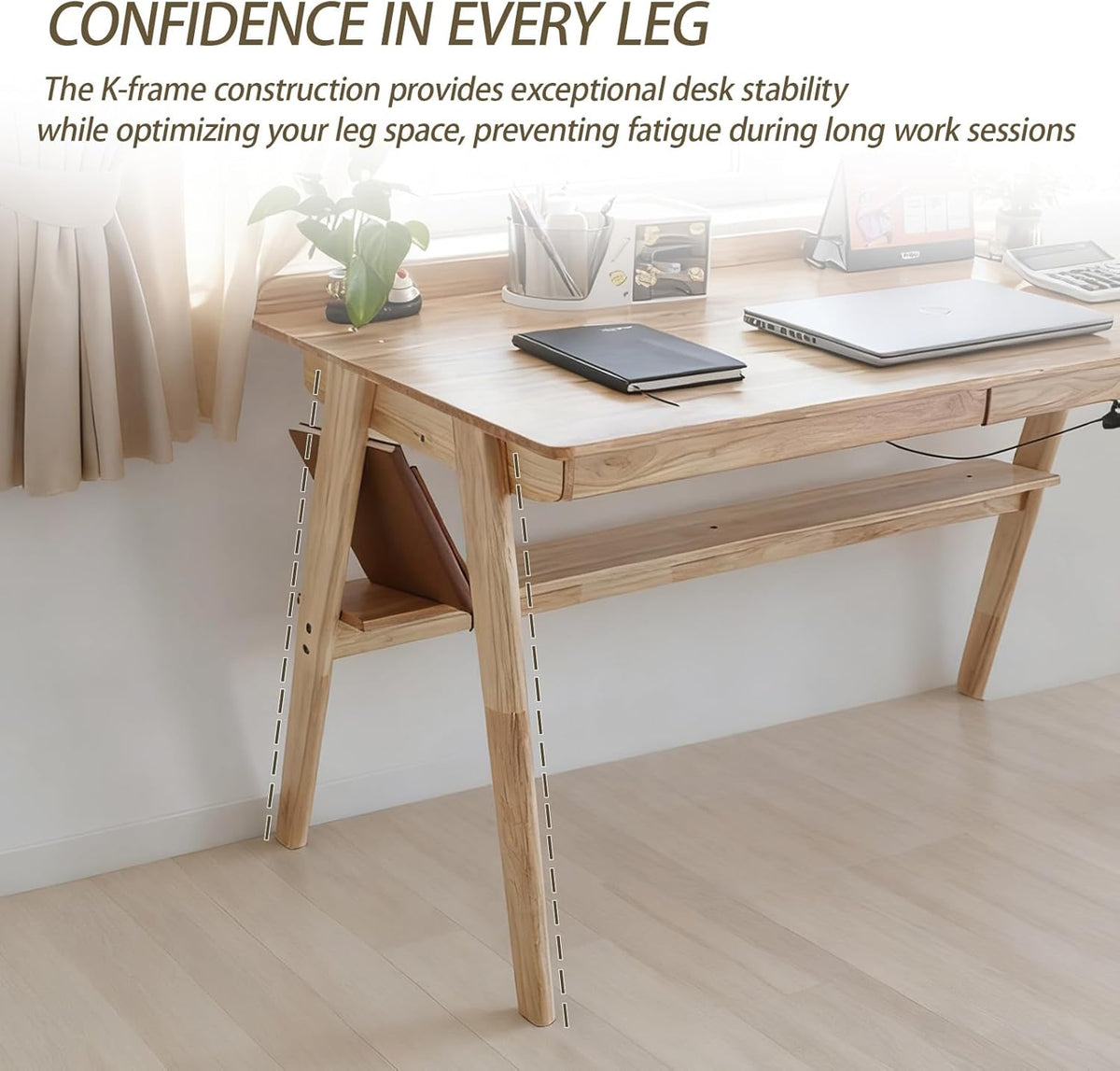 Massief Houten Bureau, Mid-Century Modern Design, Met 2 Lades en Onderplank, Ideaal voor Thuiskantoor (Houtkleur, 120 * 60)