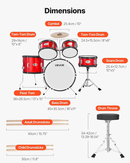VEVOR Kinderdrumset, 5-delige 16" Junior Drumsets, Beginner Drums Set met Verstelbare Troon, Bekken & Twee Paar Drumsticks, Muzikaal Leren Drums Instrumenten Kit, voor Kinderen Leeftijd 6-13 (Rood)
