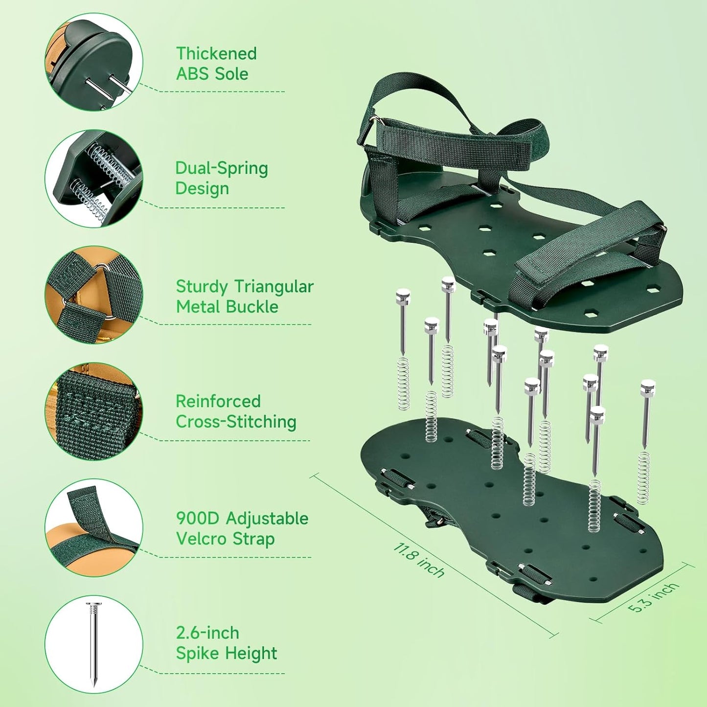 Gazonbeluchterschoenen met veerbasis, gratis installatie gazonbeluchter met automatische blad- en vuilreiniging, zware spike-schoenen voor gazononderhoud, verstelbare veters - perfect voor gazon, tuin