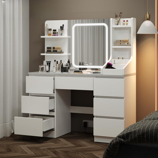 Kaptafel – Make-Uptafel – Toillet – Schminktisch – Meubel – Verstelbare Led-Verlichting – 7 Laden & 4 Open Vakken – Groot Tafelblad 110x40 CM – Wit