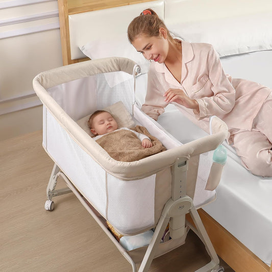 4-in-1 Baby Bedje, Co-Slaper met Verbeterde Stabiliteit, Volledig Mesh Zijden, Baby Wieg met 6-Stufige Hoogteverstelling, Babybed voor Pasgeborenen tot 12 Maanden, Beige