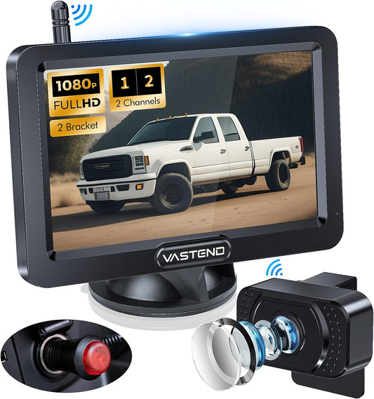 achteruitrijcamera Draadloze HD 1080P autocamera, 5'' monitor, gesplitst scherm 2 kanalen, waterdichte nachtzicht achteruitrijcamera set voor auto, SUV, personenauto (V02)
