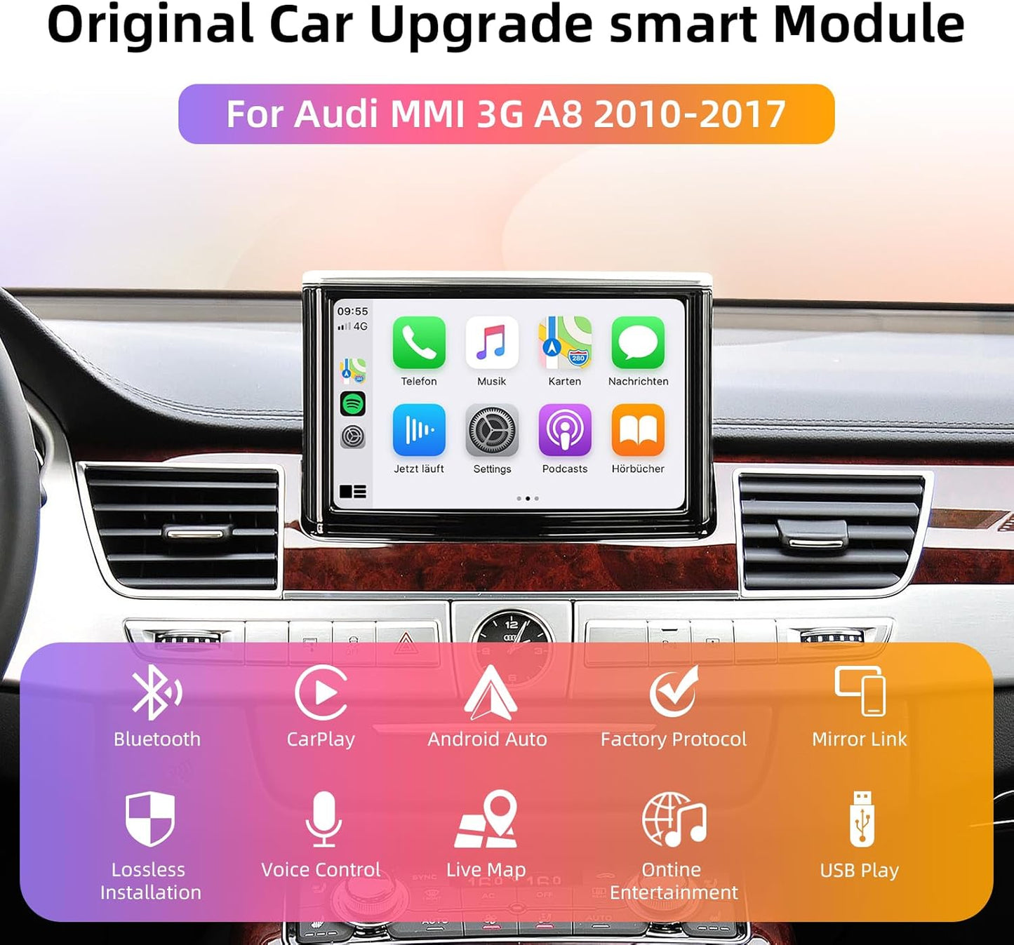 CarPlay Module – Draadloze CarPlay Dongle – Android Auto Adapter – MirrorLink Interface – Auto Multimediasysteem – Plug & Play Installatie – Stuurwielbediening – Compatibel met Audi A8 2010-2017 6,5"/7" MMI 3G Scherm