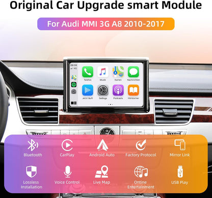 CarPlay Module – Draadloze CarPlay Dongle – Android Auto Adapter – MirrorLink Interface – Auto Multimediasysteem – Plug & Play Installatie – Stuurwielbediening – Compatibel met Audi A8 2010-2017 6,5"/7" MMI 3G Scherm