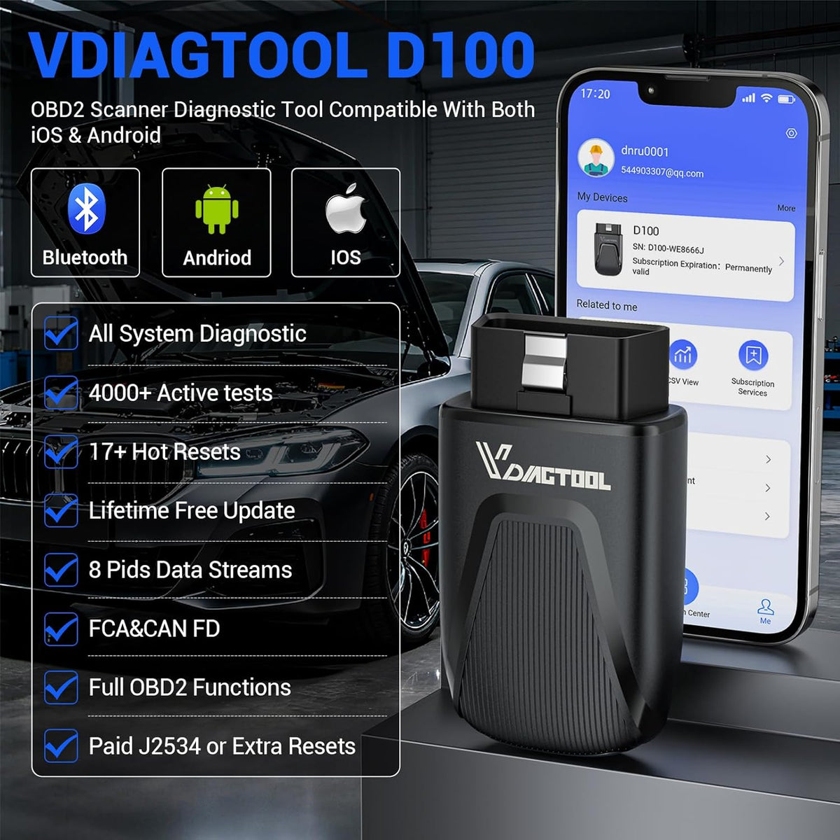 VDIAGTOOL D100 OBD2 Scanner Bluetooth, Alle Systemen Auto Diagnostic Tool Met 17+ Resets, Levenslange Gratis Update Bidirectionele Scan Tool voor Android & iOS, FCA & CAN FD, Draadloze Auto Fout Code