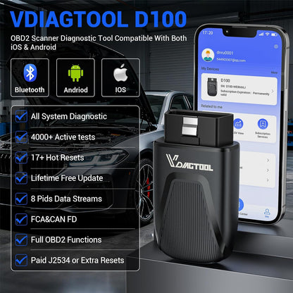 VDIAGTOOL D100 OBD2 Scanner Bluetooth, Alle Systemen Auto Diagnostic Tool Met 17+ Resets, Levenslange Gratis Update Bidirectionele Scan Tool voor Android & iOS, FCA & CAN FD, Draadloze Auto Fout Code