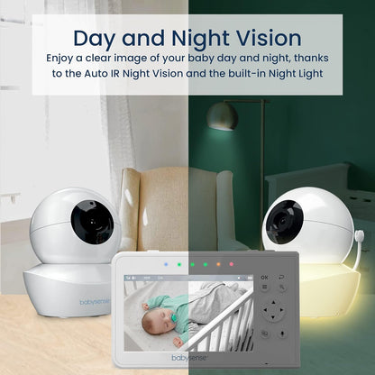 Babysense Video Babyfoon, 4,3" Split Screen Babyfoon met 2 camera's, Verstelbare nachtlamp, Tweerichtingsaudio, PTZ-functie, Groot bereik, Nachtzicht, Slaapliedjes