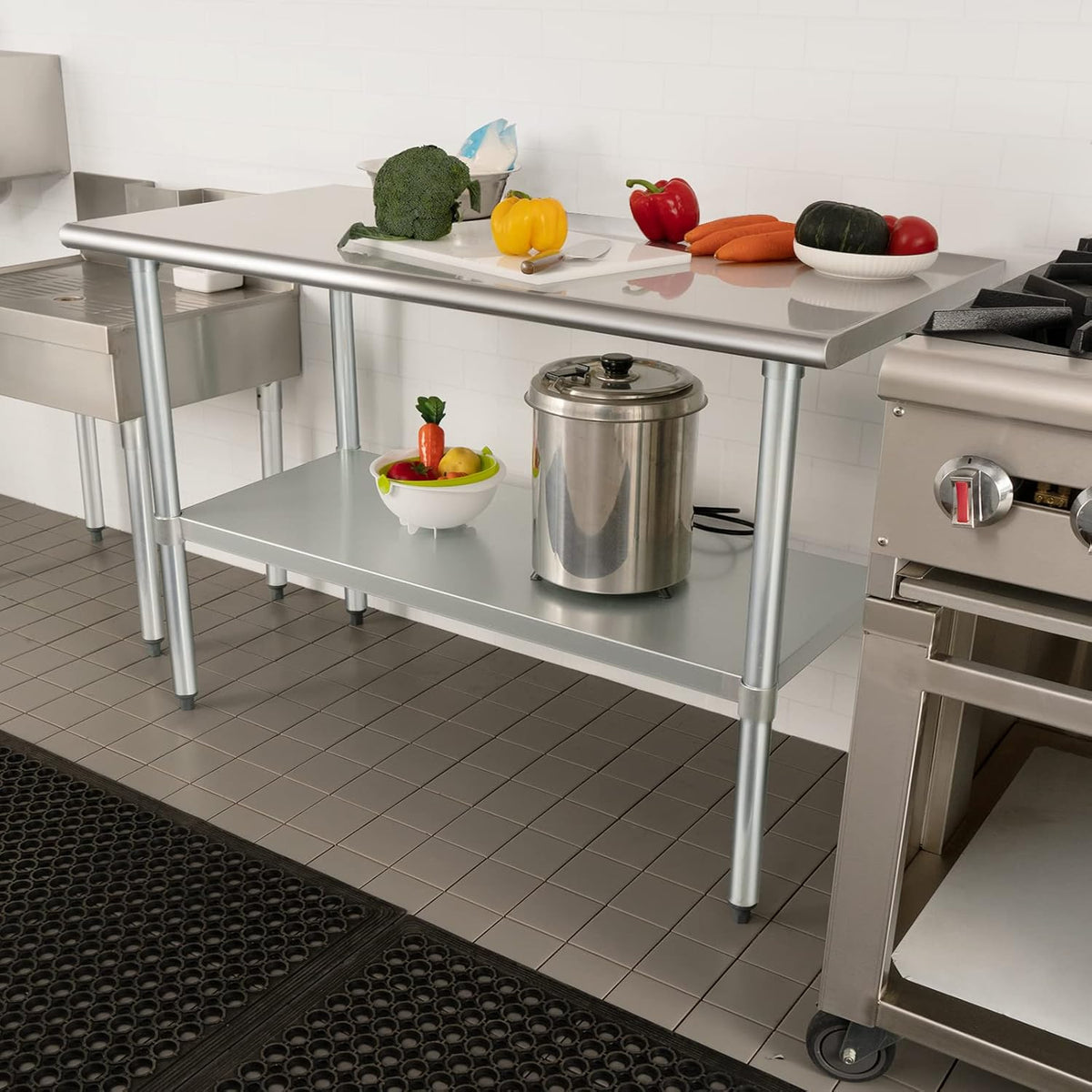 HARDURA Roestvrij Staal Tafel 61×152 cm met Onderkast en Gegalvaniseerde Benen Zware Duty Commercieel Voedselbereidingstafels voor Restaurant Keuken Thuis en Hotel