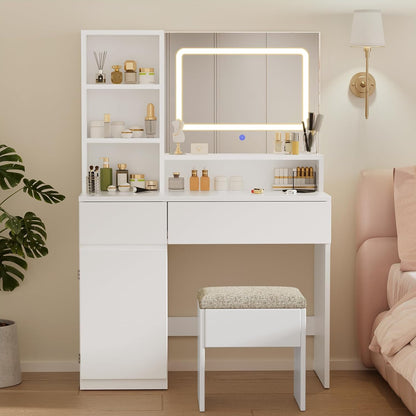 Devoko Makeup Table with Mirror, Adjustable LED Lights, Adjustable Shelves with 2 Drawers, Dressing Table, Modern White Wood Dressing Table - QUORE