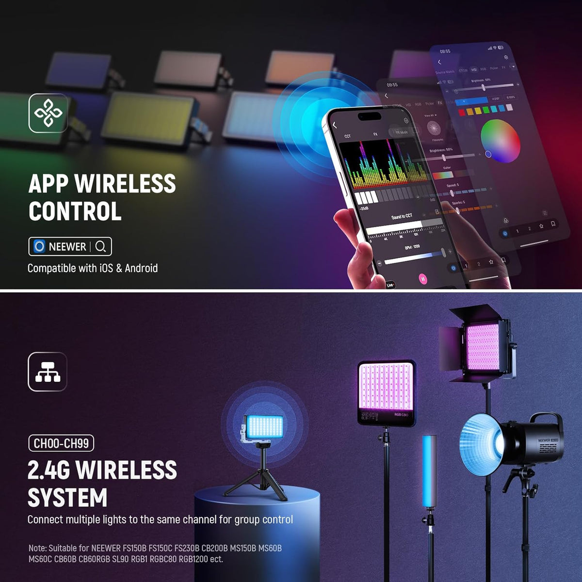 NEEWER Videolamp RGB 12 W, LED-paneel voor streaming, selfie, 2500 K-10.000 K, CRI97+, app/2.4G-bediening, batterij 4300 mAh, bureauhouder voor vlogging, video-opname, podcast, SL90