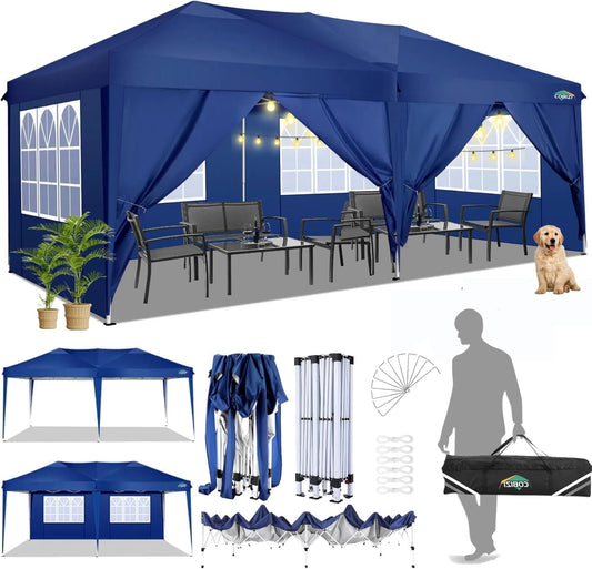 COBIZI Vouwpaviljoen, 3 x 6 cm, waterdicht, winterbestendig, pop-up paviljoen, inklapbaar, 3x6 tent met 6 zijwanden, 3 in hoogte verstelbaar, uv-bescherming, tuinpaviljoen, partytent voor markt,