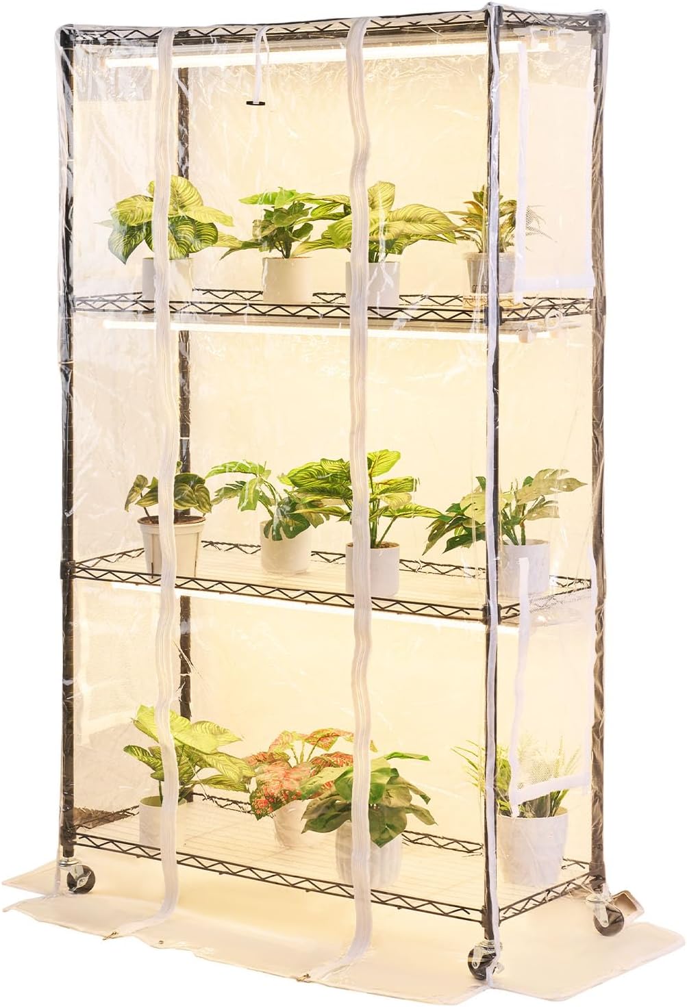 VEVOR Indoor Greenhouse with Grow Lights, Plant Stand with 4 Levels, Display Height 150 cm with Transparent Cover, Timer and Hygrometer, 180 W Full Spectrum Attachment Lights - QUORE