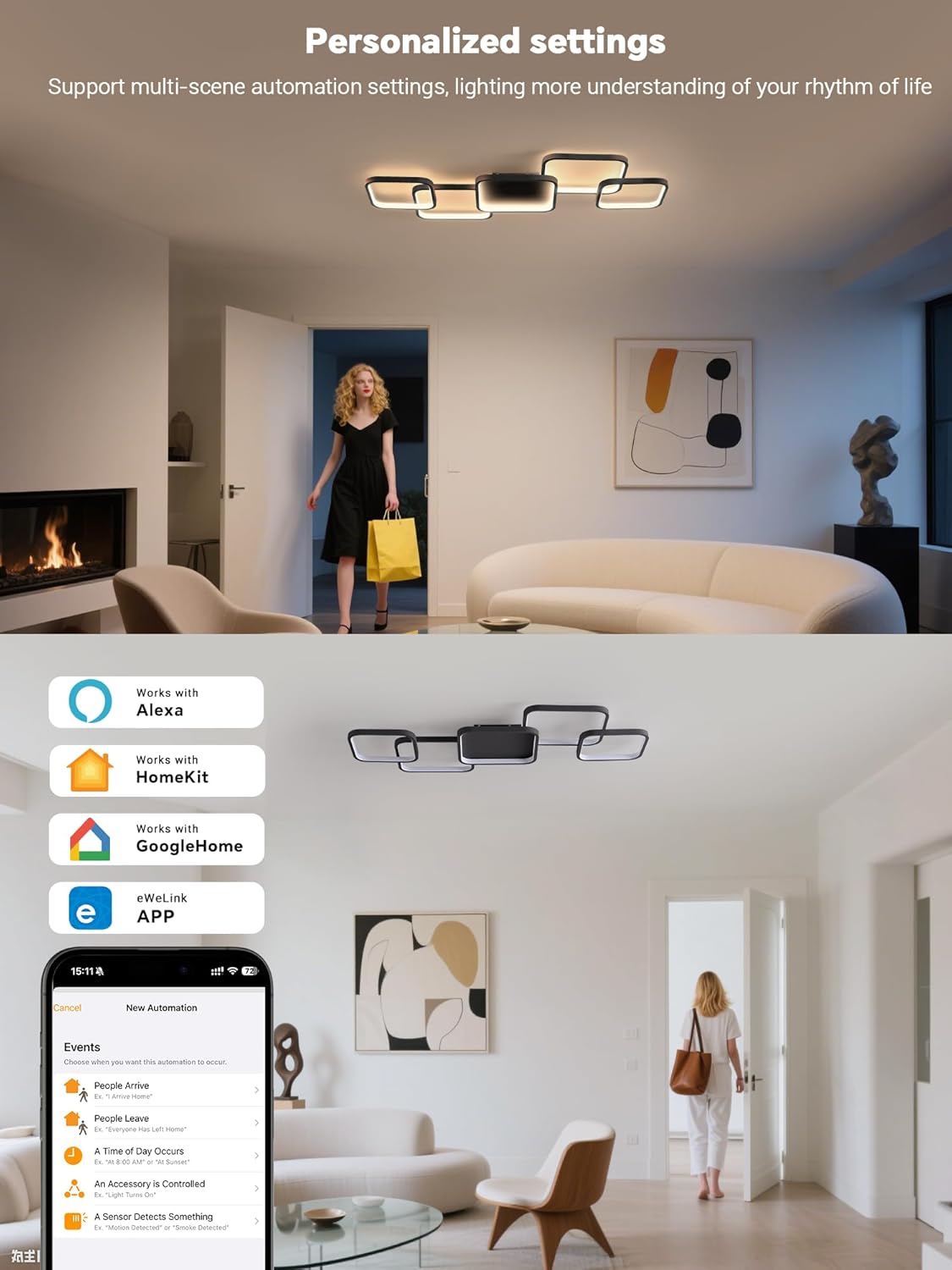 Led-plafondlamp, woonkamerlamp met mat, 56 W, 5600 lm, 3000-6500 K, compatibel met HomeKit, Alexa, Google en IFTTT, dimbare plafondlamp voor slaapkamer en woonkamer, zwart