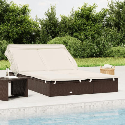 Foldable Double Sun Lounger Made of Poly Rattan with Adjustable Roof and Cushion, Weatherproof Material for Outdoors, Sturdy Steel Frame, Ideal - QUORE