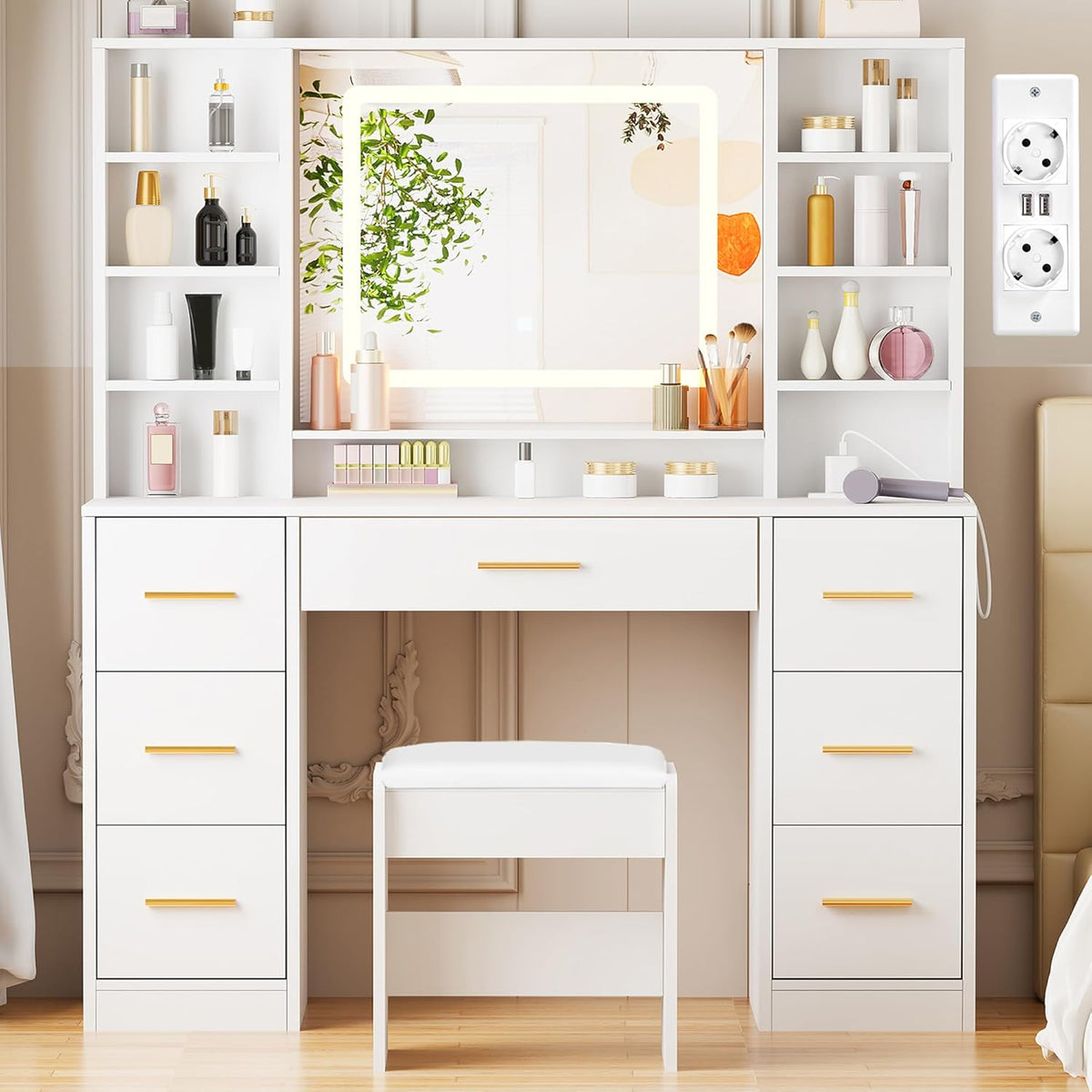 ANWBROAD Large Makeup Dressing Table with Adjustable LED Lighting in 3 Colors and Sockets Modern White Dressing Table with Mirror and Stool 7 Drawers 4 Open Shelves 140x100x40cm BDT65W - QUORE