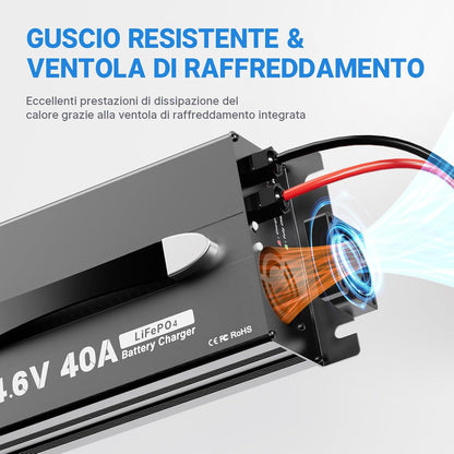 Redodo 14,6V 40A LiFePO4 Acculader met Onderhoudslaadfuncties Compact en Robuust Ontwerp met Volledige Bescherming Perfect voor 12V LiFePO4 Batterij