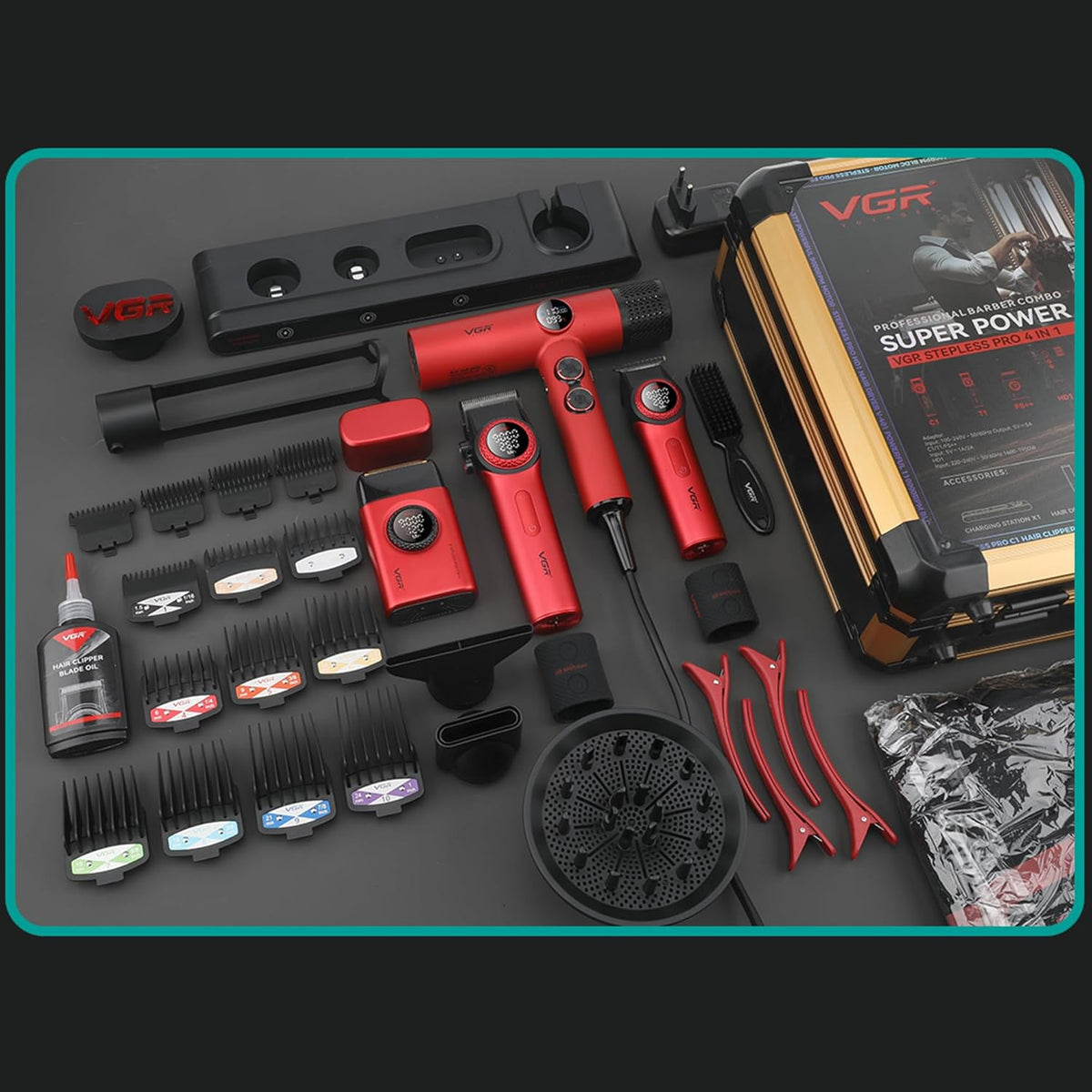 VGR Professional Barber Combo van Tondeuse, Trimmer, Foliescheerapparaat en Ionische Föhn, 4-in-1 Compleet Set met Krachtige Upgraded Motor, Oplaadstation, LED-display, Luxe Opbergkoffer, Rood