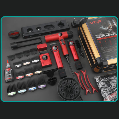 VGR Professional Barber Combo van Tondeuse, Trimmer, Foliescheerapparaat en Ionische Föhn, 4-in-1 Compleet Set met Krachtige Upgraded Motor, Oplaadstation, LED-display, Luxe Opbergkoffer, Rood
